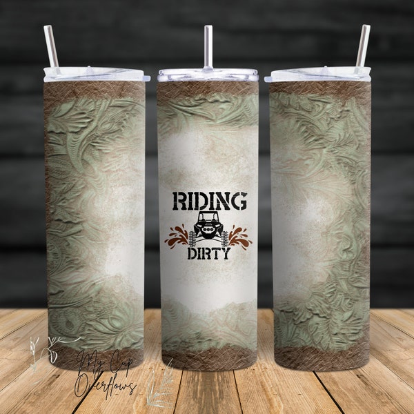 Riding Dirty UTV Side x Side Leather Look Sublimation Tumbler Wrap PNG for 20 ounce tumbler wrap. Digital. rxr, Atv, Utv, Side by Side