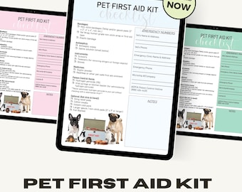 Pet First Aid Kit Planner, Pet First Aid Supply List, Pet First Aid Kit Checklist, Download, Printable, PDF, Template, Multiple Colors