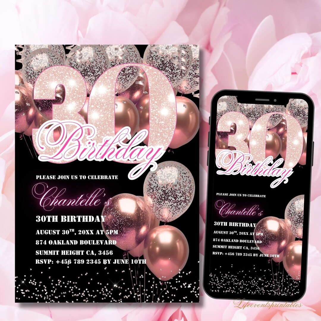 30th Birthday Invitation Digital, Printable Pink Balloon Thirtieth ...