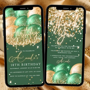 Invito alla festa di compleanno digitale oro verde, modello modificabile glitter oro verde, download istantaneo Evite per qualsiasi età, compleanno Evite per telefono