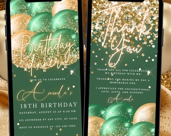 Digital Green Birthday Party Invitation Gold, Green Gold Glitter Editable Template, Any Age Evite Instant Download, Phone Birthday Evite