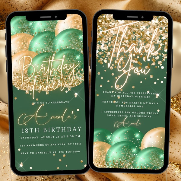 Digital Green Birthday Party Invitation Gold, Green Gold Glitter Editable Template, Any Age Evite Instant Download, Phone Birthday Evite