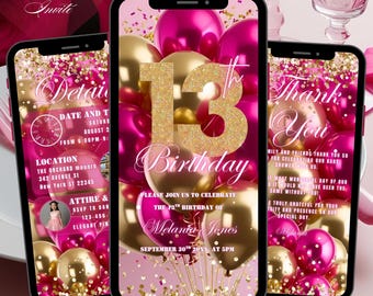 13TH Pink Birthday Invitation Editable Neon Pink Gold Animated 13th Party Invite, Thirteenth Balloon Digital Birthday Party Video Evite