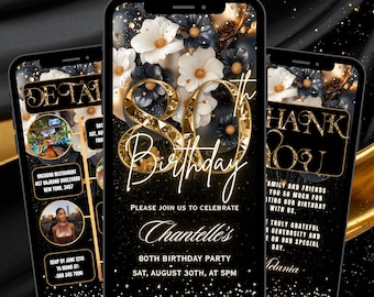 80TH Digital Birthday Invitation Template Black, Floral Eightieth Dinner Invite Gold Balloon,  Editable Text Message Evite Download