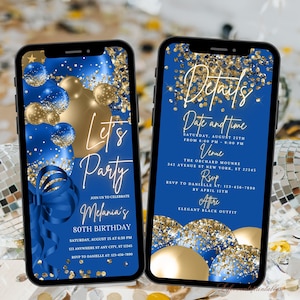 Digitale marineblauw gouden verjaardagsuitnodiging, blauw gouden glitter bewerkbare sjabloon, elke leeftijd Evite direct downloaden, telefoon verjaardag Evite