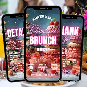 Pode incluir: Três smartphones exibindo um convite para um brunch de Natal. O design apresenta uma pilha de sobremesas cobertas com morangos, com o texto "Christmas Brunch" e detalhes do evento. O esquema de cores inclui rosa, vermelho e branco.