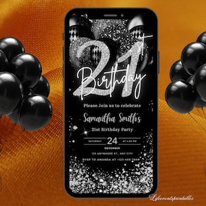 Digital Twenty One 21. Geburtstagseinladungsvorlage 21. Geburtstag einladen Schwarz Silber Geburtstagseinladung, bearbeitbare Textnachricht