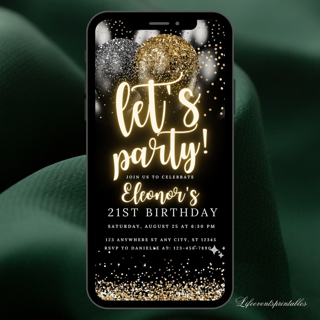 Digital Birthday Invitation Template Electronic Birthday Invitation Black Gold Digital Download