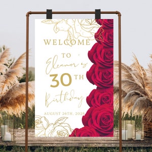 ROJO Floral Cumpleaños Bienvenido Signo Boho Bienvenido Cartel Fiesta de Cumpleaños Decoración Oro Personalizar Signo Imprimible Archivo Digital Cartel Editable