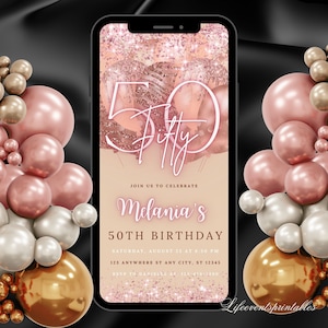 Digitale 50. Geburtstagseinladung für Frauen, bearbeitbare 50. Einladung Evite, Rosegold-Ballon Fifty Party einladen für Sie, Geburtstagseinladung für Sie