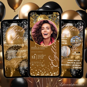 Modèle d'invitation d'anniversaire photo or noir 18e animé, invitation anniversaire 18e, texte pailleté néon anniversaire téléphone portable numérique Evite