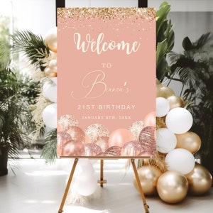 CUALQUIER EDAD Cumpleaños Signo de bienvenida Cumpleaños Cartel de bienvenida Rosegold y Glitter Sparkle Descarga digital instantánea Decoración de señalización de bienvenida editable
