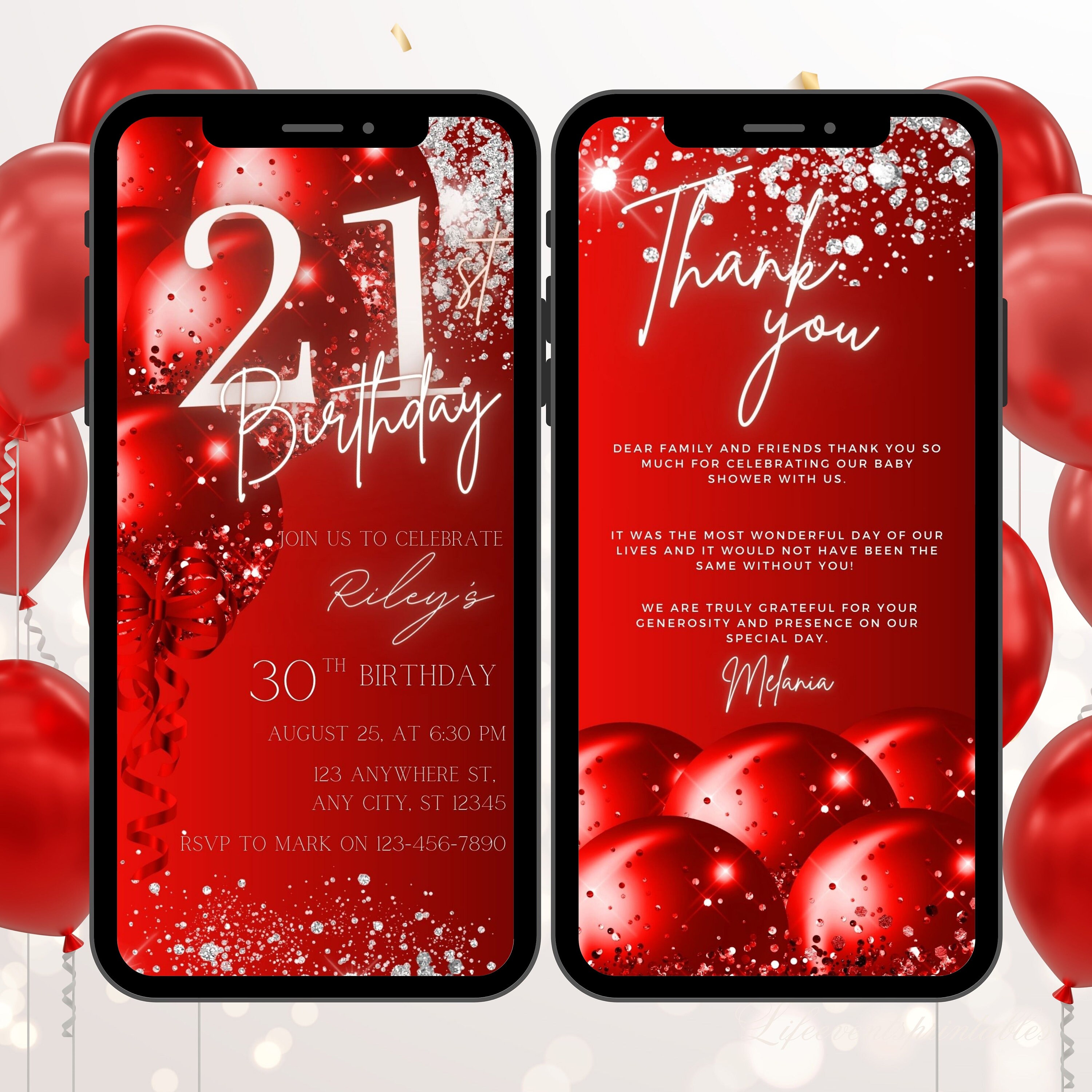 Digital 21ST Birthday Invitation Template RED Silver, Electronic 21ST ...