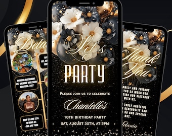 Digital Birthday Invitation Template Black, Floral Dinner Invite Gold Balloon,  Editable Text Message Evite Download