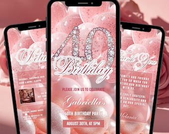 40TH Balloon Birthday Invitation Template Blush, Digital Fortieth Rose Gold Dinner Party Invite Editable Text Message Ecard