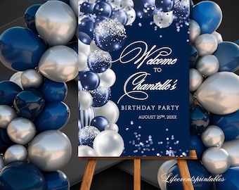 Birthday Welcome Sign Template Blue and Silver, Birthday Welcome Poster Glitter Sparkle Editable Welcome Signage decor Instant Download
