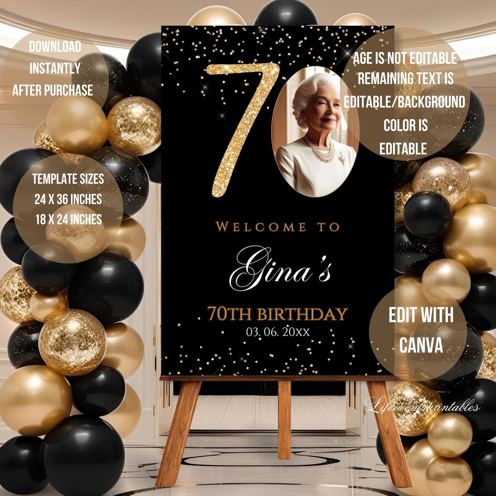 70th PHOTO Birthday Welcome Sign Template Welcome Poster Black Glittery ...