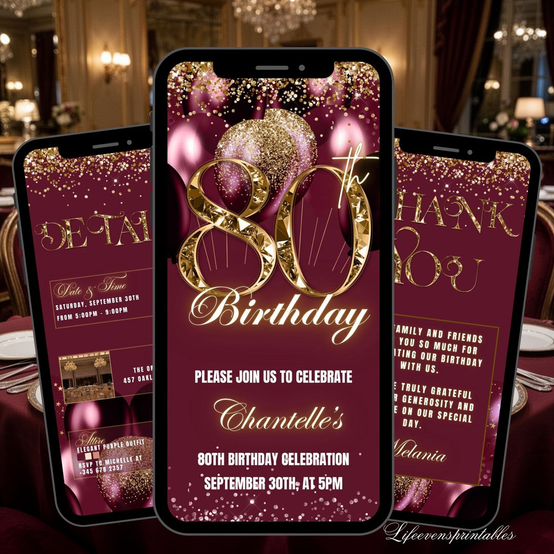 Digital 80th Birthday Invitation for Women Purple, Editable 80th Invite ...