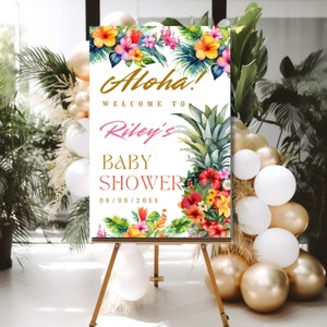 Aloha Ananas-Babyparty-Willkommensschild, bearbeitbares Mädchen-Babyparty-Willkommensschild, Tropisches Poster, Hawaiian Printable Instant Download