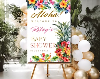Aloha Pineapple Baby Shower Welcome Sign, Editable Girl Baby Shower welcome sign, Tropical Poster, Hawaiian Printable Instant Download