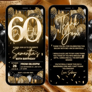 Digital 60TH Birthday Invitation Template For Her Gold, Animated Sixtieth Black Gold Balloon Invite For Him, Editable Itinerary ECard