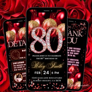 80TH Birthday Invitation, Eightieth Red Balloon Gold Birthday invite, 80TH E-Invite Template, Text Digital Invite, Mobile Phone Evite