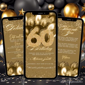 Digital 60th Birthday Invitation Template Gold, Electronic 60th Party Invite, Gold Neon Text Evite, Digital Invite Glitter Birthday Party