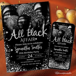 All Black Affair Invitation Template, Editable All Black Party Invitation, Digital Black Birthday Birthday Invite, Text Invite