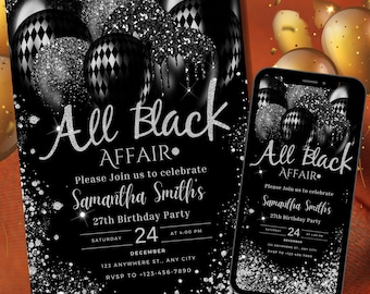 All Black Affair Invitation Template, Editable All Black Party Invitation, Digital Black Birthday Birthday Invite, Text Invite