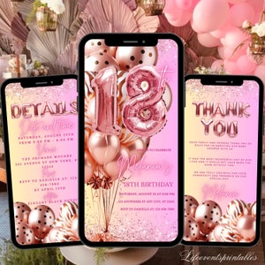18TH Pink Birthday Invitation Editable Neon Pink Animated 18th Party Invite, Eighteenth Pink Balloon Digital Birthday Party Video Evite