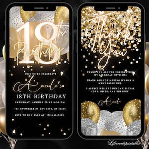Modello di invito digitale per il 18° compleanno, invito elettronico per la festa del 18° compleanno, invito con testo al neon in oro rosa, invito digitale glitterato, festa di compleanno