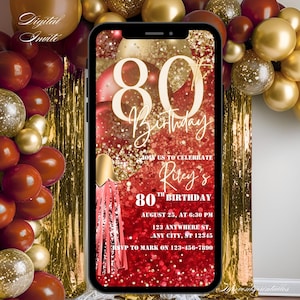 Eightieth Birthday Invitation Red, 80th Birthday Invite Gold, Eightieth E-Invite Template, Text Message Digital Invite, Mobile Phone Evite
