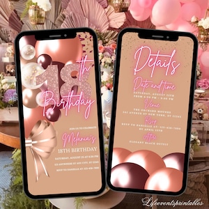 Digital 18th Birthday Invitation Template, Electronic 18th Party Invite, Rose Gold Neon Text Evite, Digital Invite Glitter, Birthday Party