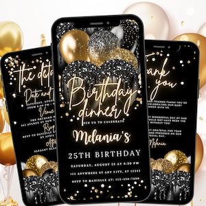Black Birthday Invitation Gold Template Animated, Editable Birthday Invite, E-vite Neon Glittery Text Birthday Digital Mobile Phone Evite