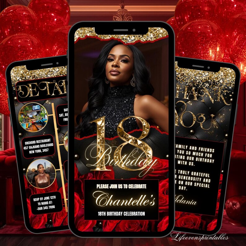 18TH Floral Birthday Invitation Template RED, Eighteenth Roses Digital ...