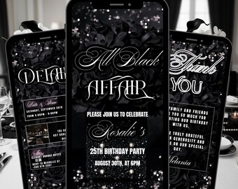 All Black Affair-uitnodigingssjabloon bloemen, bewerkbare zwarte dineruitnodiging, digitale zwarte verjaardagskaart, telefoontekst Evite