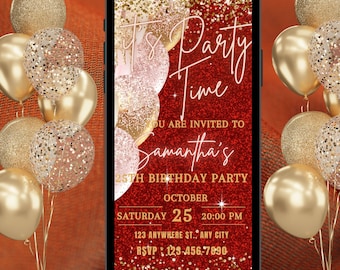Digital Birthday Invitation Template, Electronic Birthday Invite Red Gold Neon Digital Download, Text Message Invite Editable Text ANY AGE