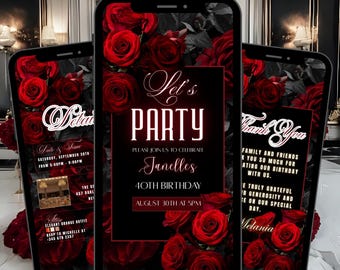 Floral Birthday Invitation Template RED, Digital BLACK Dinner Invite Editable Roses Text Message Ecard