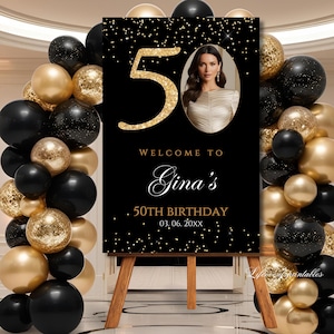 50Th PHOTO Birthday Welcome Sign Template Welcome Poster Black Glittery Fiftieth Signage Editable Welcome Signage decor Digital Download