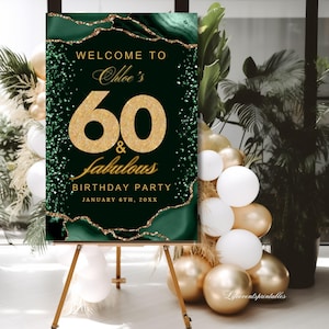 60TH Green AGATE Birthday Welcome Sign Template 60TH Welcome Poster Green Gold AGATE Signage Editable Welcome Signage decor Instant Download