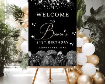 ANY AGE Birthday Welcome Sign Birthday Welcome Poster Black Silver Glitter Sparkly Instant Digital Download Editable Welcome Signage decor