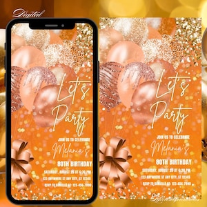 Può includere: Un invito di compleanno digitale su smartphone, con un design di palloncini color pesca e oro rosa, coriandoli e un fiocco. Il testo recita "Let's Party" e invita a celebrare l'80° compleanno di Melania.