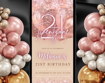Digital Twenty One 21st Birthday Invitation Template 21st Electronic Birthday Invite Rose Gold Birthday Invitation, Editable Text Message