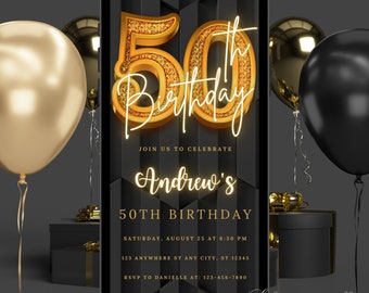 Digital 50th Birthday Invitation Template For Men, Fiftieth Men's Evite, Rustic Forty Birthday Ecard For Him Black Gold, 50th Anniversary