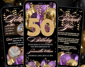 Plantilla de invitación para fiesta de cumpleaños número 50, invitación digital para cena de cumpleaños número 50 con globos dorados y morados, itinerario de brunch editable con brillo para cumpleaños número 50
