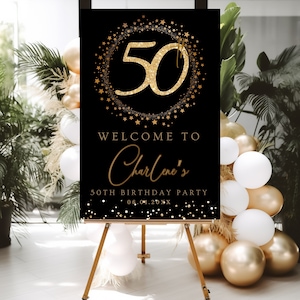 50Th Birthday Welcome Sign Template Welcome Poster Black Glittery Fiftieth Signage Editable Welcome Signage decor Instant Digital Download