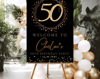 50Th Birthday Welcome Sign Template Welcome Poster Black Glittery Fiftieth Signage Editable Welcome Signage decor Instant Digital Download