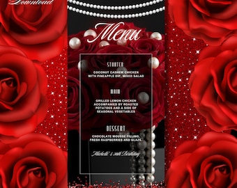 Floral Printable Birthday Party Menu Template Red, Editable Menu Card, Birthday Dinner Table Menu Download