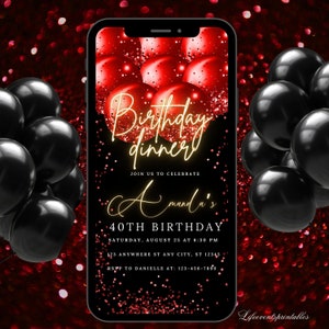 Digitale rode ballon verjaardagsfeestje uitnodiging sjabloon bewerkbare glitter tekstbericht verjaardag verjaardag diner uitnodiging Instant Download