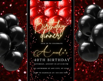 Digital Red Balloon Birthday Party Invitation Template Editable Glitter Text Message Birthday Birthday dinner invitation Instant Download